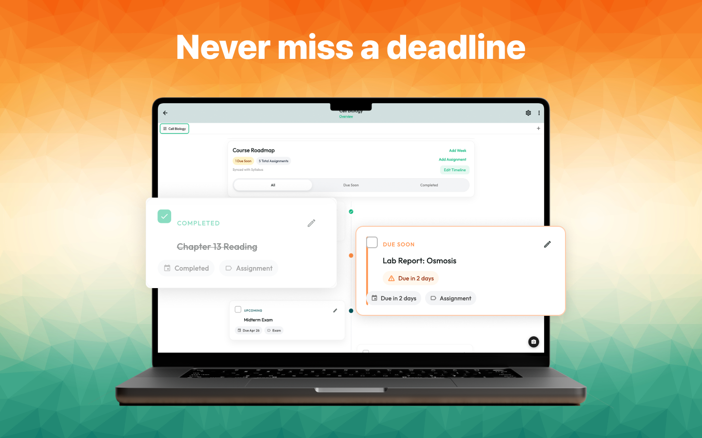 Course roadmap with assignments and deadlines